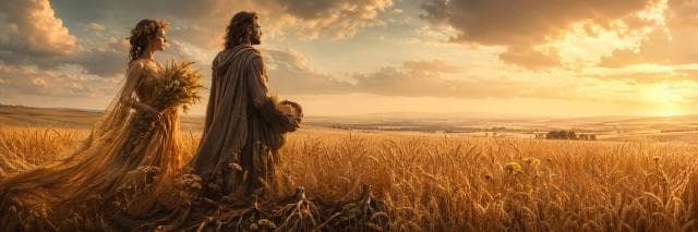 Two people in flowing clothing stand in a wheat field at sunset, gazing toward the horizon.