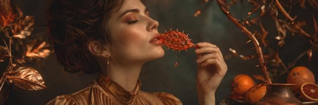Woman in a gold dress holds a thorn-covered object near her lips with oranges and metallic branches arranged chaotically behind her.
