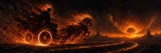 A fiery chariot speeds toward the molten sun in a surreal scene of blazing chaos.