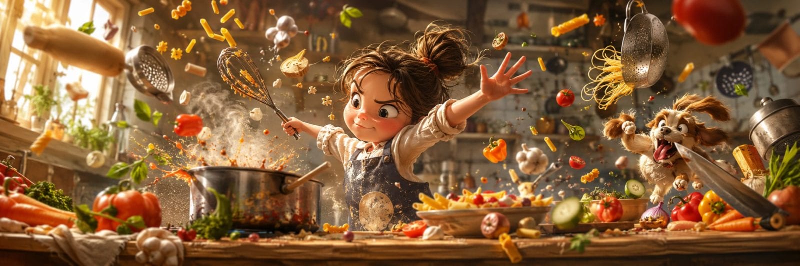 Animated girl cooks in a chaotic kitchen with flying food, scattered veggies, and a playful dog disrupting the scene.