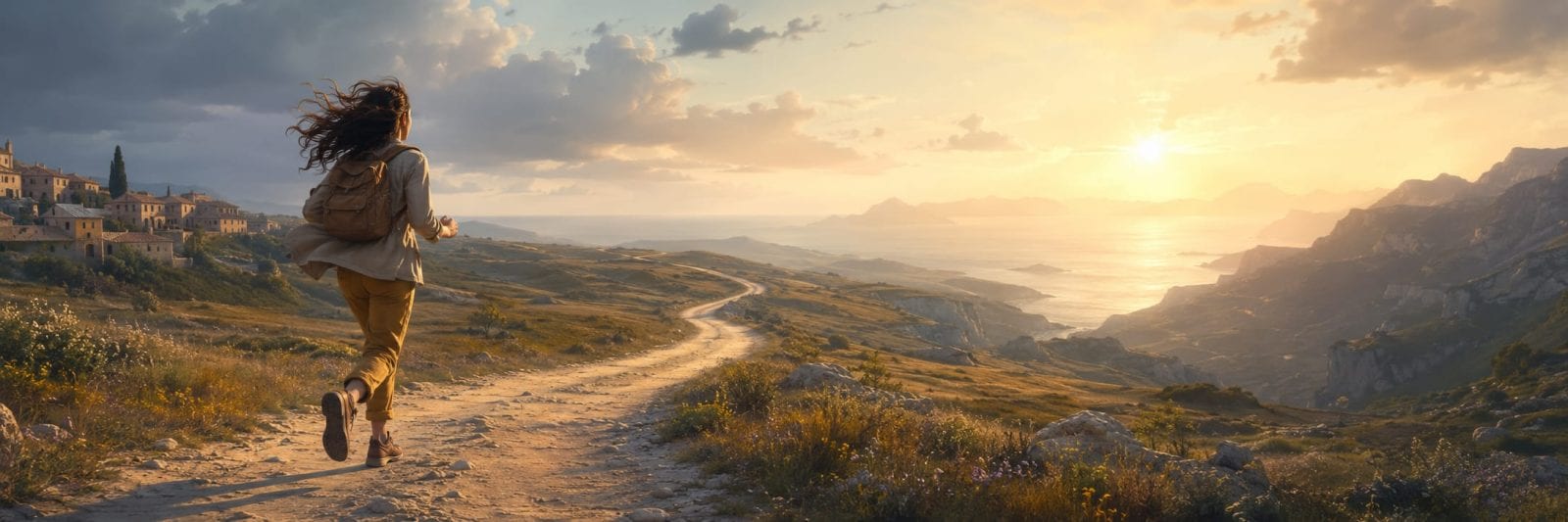 A person with a backpack walks on a dirt path toward mountains and sea at sunset.
