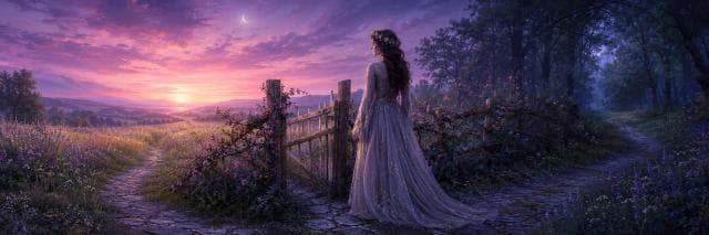 A woman in a long dress stands by a wooden gate, looking at a sunset-lit field and crescent moon.