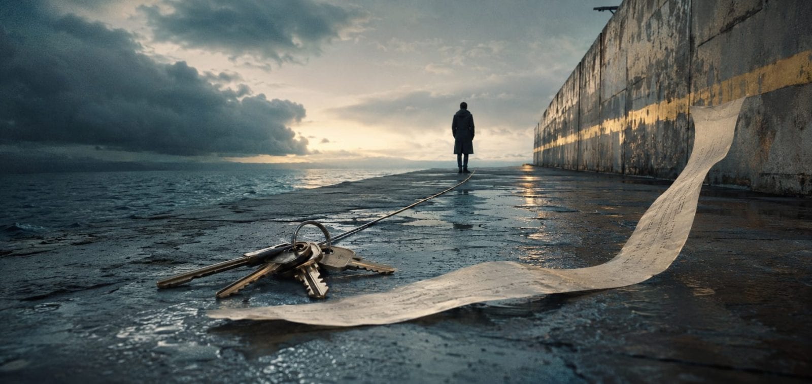 A person stands on a wet pier at sunset, keys attached to them and a long strip of paper trailing behind.