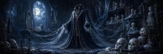 A headless mannequin in a tattered robe stands among scattered dolls in a surreal, fantastical setting with moonlight streaming in.