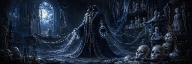 A headless mannequin in a tattered robe stands among scattered dolls in a surreal, fantastical setting with moonlight streaming in.