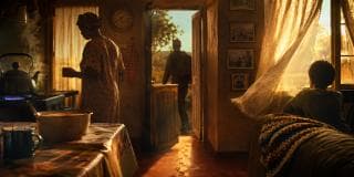 A woman stands by a stove, a child looks outside, and a man enters through an open door.