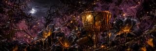 A golden goblet sits among dark flowers and glowing lights beneath twisted branches on a cloudy night, hinting at satire and subversion.