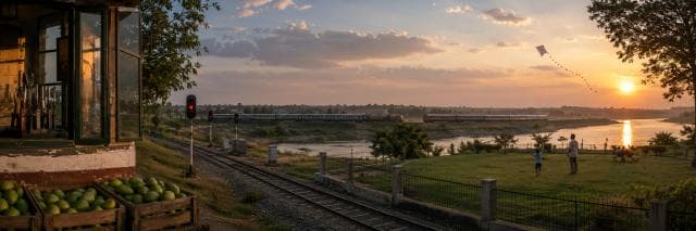 A train passes a riverside where people relax on grass, fly kites, enjoy mangoes, and watch reflections in the water.