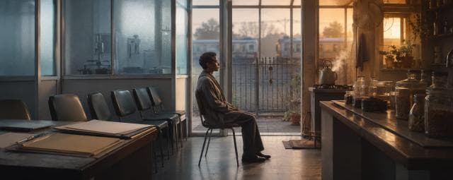 A man sits alone in a waiting room with jars on shelves and a steaming kettle, hinting at calm hiding underlying tension.