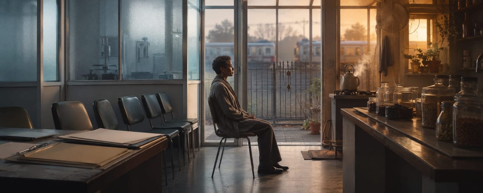 A man sits alone in a waiting room with jars on shelves and a steaming kettle, hinting at calm hiding underlying tension.