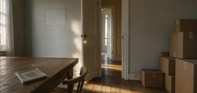 A room with a wooden table, chair, and stacked boxes opens to a hallway through an open door.