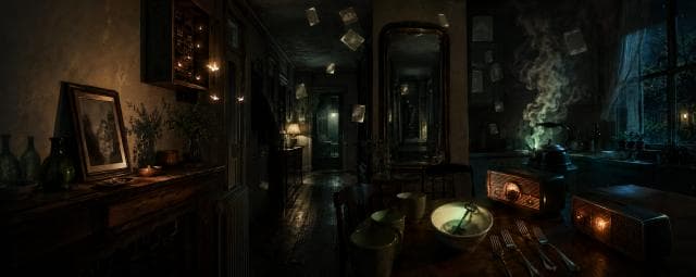 Surreal kitchen with floating books, a steaming teapot, glowing radios, moody shadows, and nighttime whispers outside the window.
