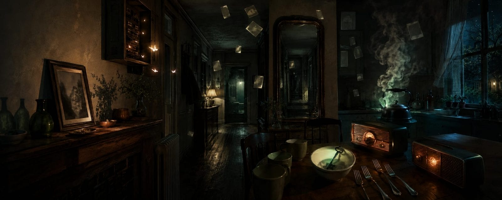 Surreal kitchen with floating books, a steaming teapot, glowing radios, moody shadows, and nighttime whispers outside the window.