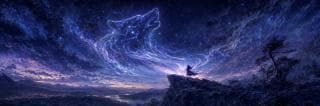 A person stands on a cliff at dusk, watching a surreal wolf spirit ascend into a starry night sky.