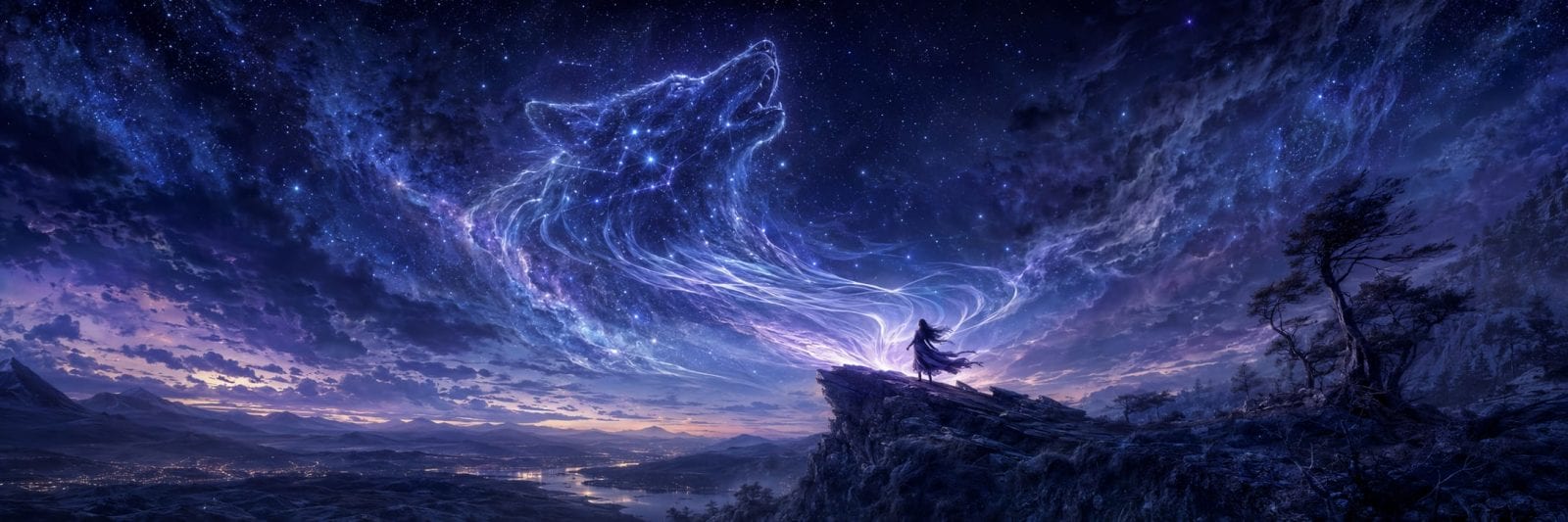 A person stands on a cliff at dusk, watching a surreal wolf spirit ascend into a starry night sky.