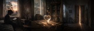 A boy reads a letter by a window as music drifts and a crystal heart glows in the dim room.