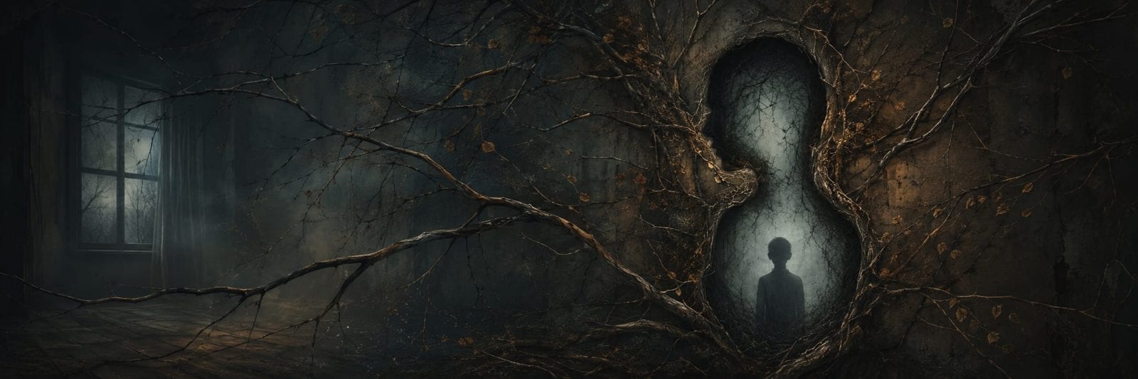 A shadowy figure stands in a keyhole-shaped opening, surrounded by twisting branches that evoke a sense of darkness and chaos.