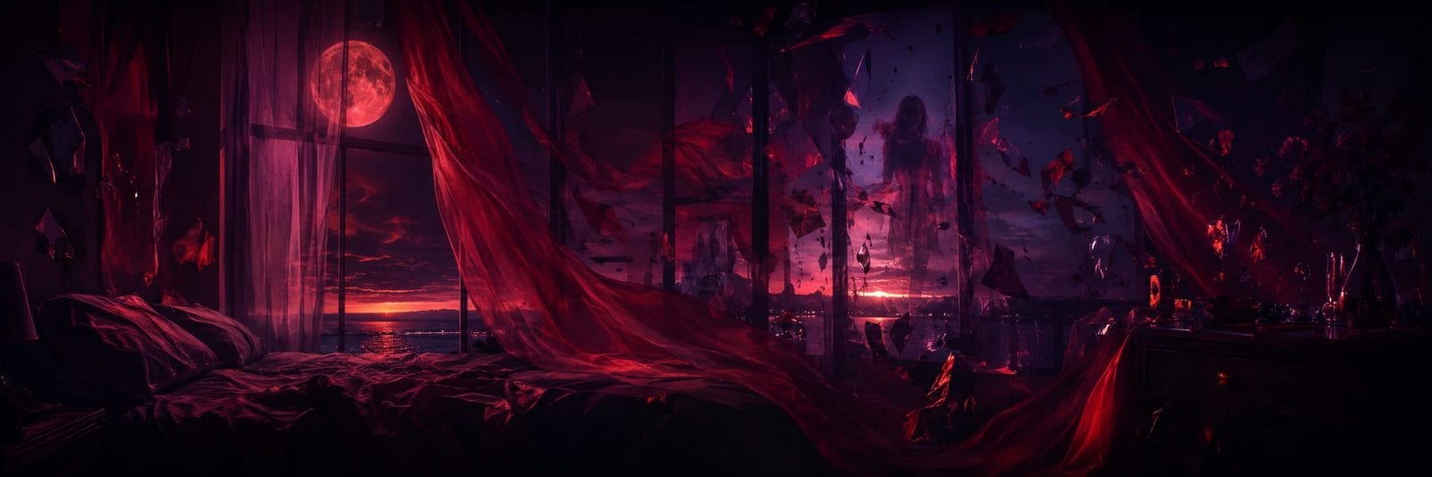 Surreal bedroom at night with red curtains, shattered glass, city lights, and a full moon visible through the window.