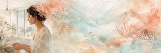 A woman stands at a kitchen counter with watercolor florals and surreal, fantastical shapes swirling behind her.