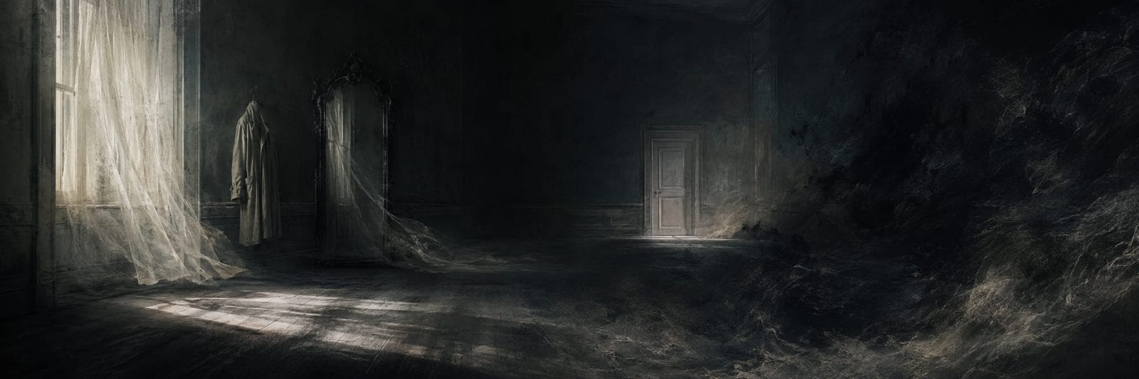 A surreal empty room with cobwebs, a mirror, and a closed door suggesting darkness beyond.