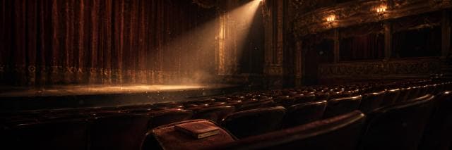 A closed book sits on a theater seat in an auditorium as a spotlight shines on the busy, chaotic stage.