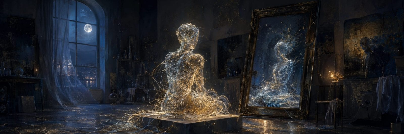 A glowing, ethereal figure sits on a pedestal, gazing into a mirror in a moonlit, surreal room.