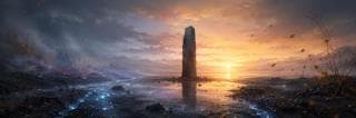 A tall stone monolith stands in a reflective landscape at sunset, with glowing cracks and scattered leaves suggesting chaos.