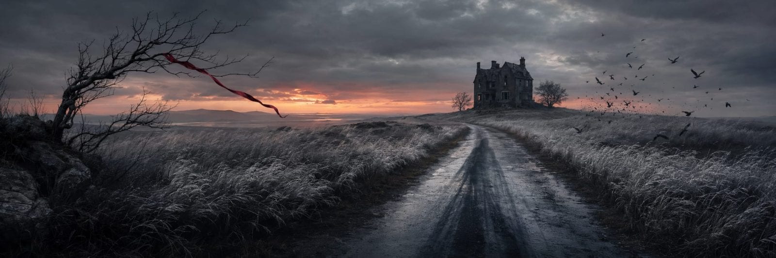 A narrow road leads to an old house on a hill at sunset, symbolizing resilience amid approaching darkness and chaos.