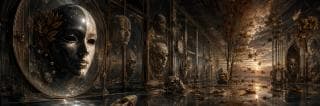 Large ornate masks line a reflective hall with autumn leaves and hints of sunset blending natural elements and reflections.