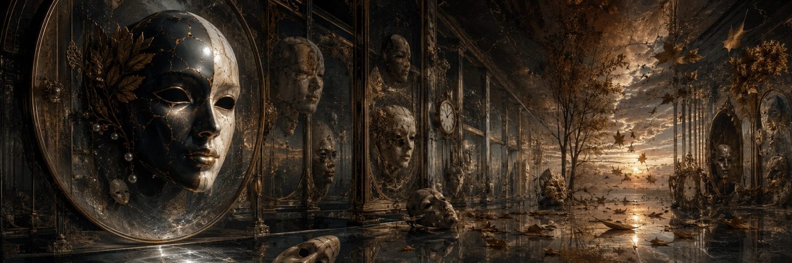 Large ornate masks line a reflective hall with autumn leaves and hints of sunset blending natural elements and reflections.