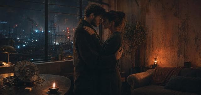 A couple embraces in a rustic room with city factories visible through a large window at night.