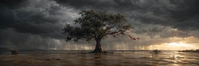 A lone tree with red ribbons stands in floodwaters under a stormy sky as sunlight breaks through swirling clouds.