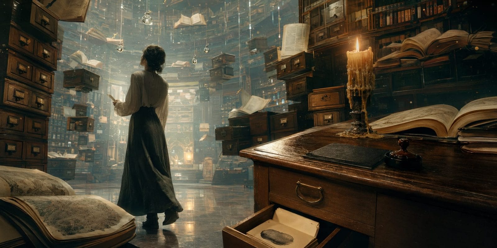 A person stands in a large library, with strength and spirit glowing beside a desk holding open books, papers, and floating drawers.