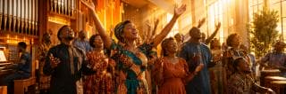 Zulu choir in colorful attire sings joyfully in a church, raising hands in a spirited celebration.