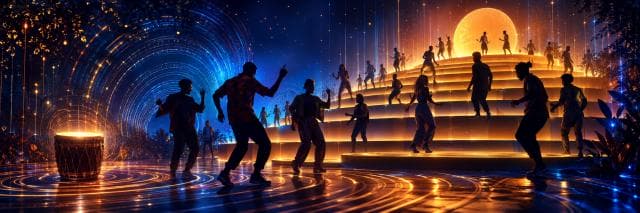People dance energetically with Zulu spirit beside a glowing drum and tiered steps in a lively nighttime scene.