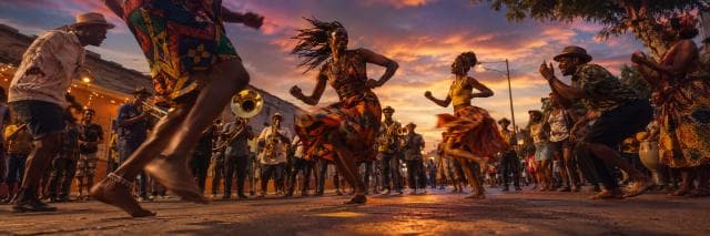 People dance barefoot in colorful clothes at sunset, surrounded by musicians and onlookers under a vibrant sky.