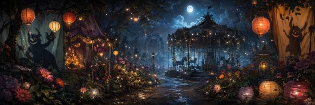 A vibrant carnival with lanterns, flowers, and tents celebrates strength and spirit at night.