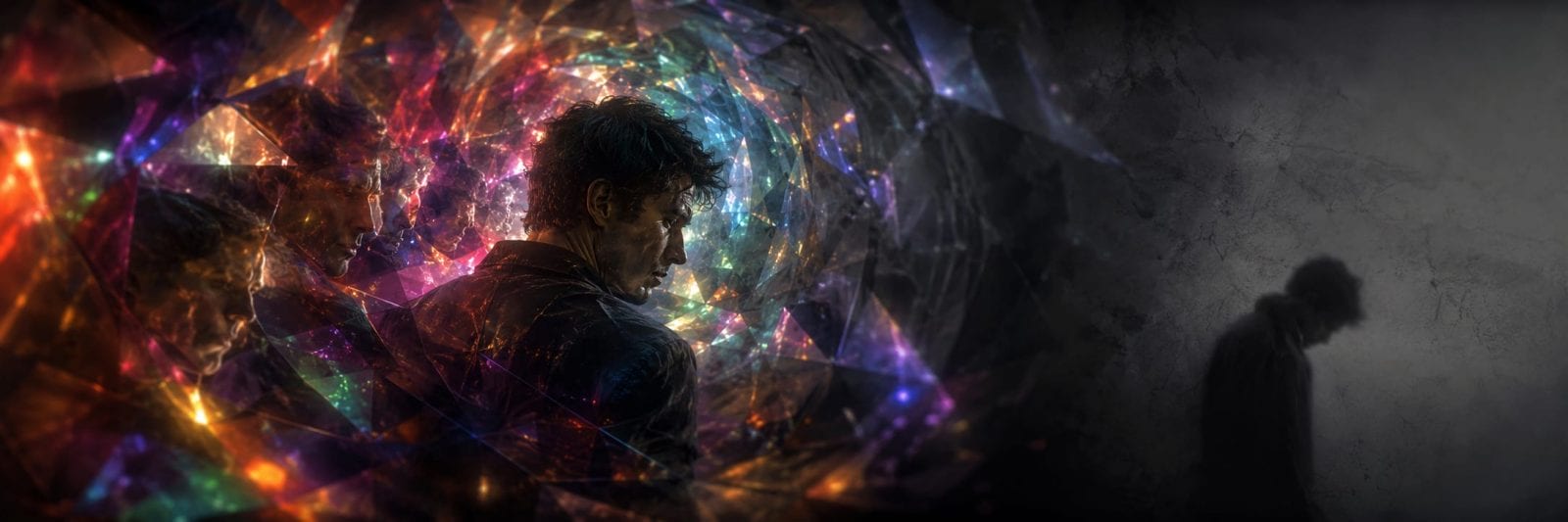 A man stands among colorful, fractured lights, his shadowy silhouette on a dark wall, blending elements of nature and reflection in art.
