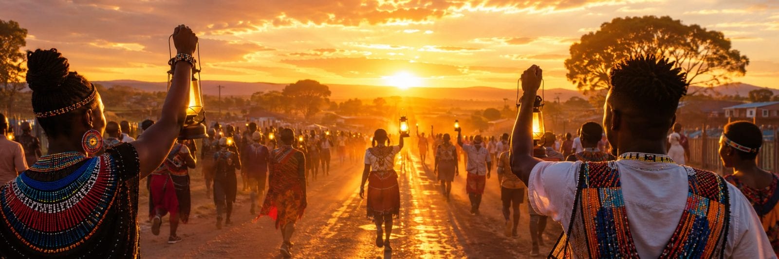 People in colorful clothing walk a dirt road at sunset, carrying lanterns among trees with distant hills in the background.