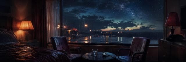 Two chairs in a motel room face a window reflecting a rainy night and starry sky.