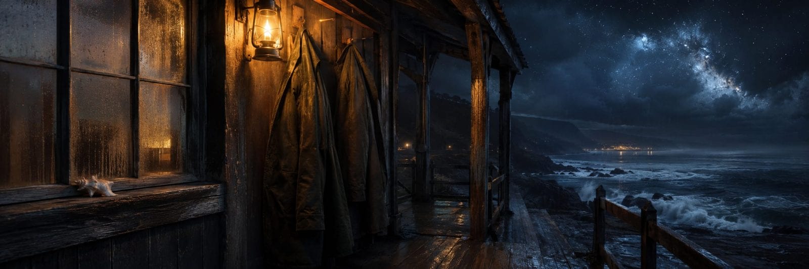 Lantern-lit porch overlooking a rocky coastline with a starry sky and distant shoreline lights.