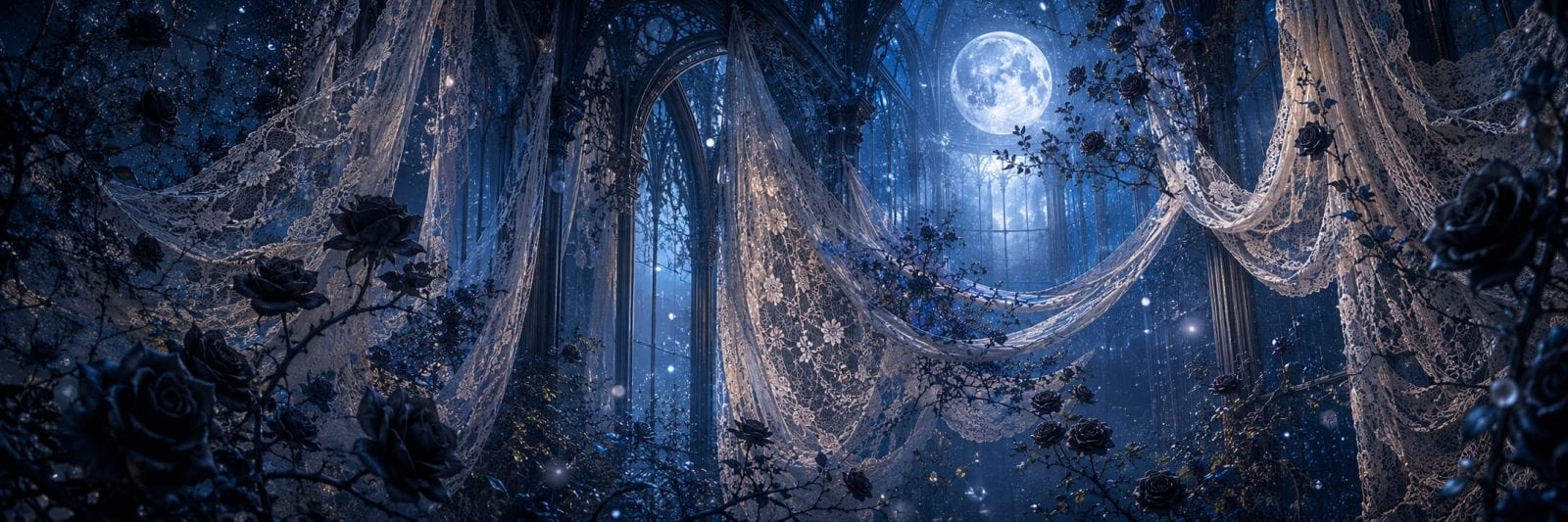 Moonlit gothic ruins with lace, dark roses, and trees; floating lights beneath a starry sky create a surreal, fantastical scene.