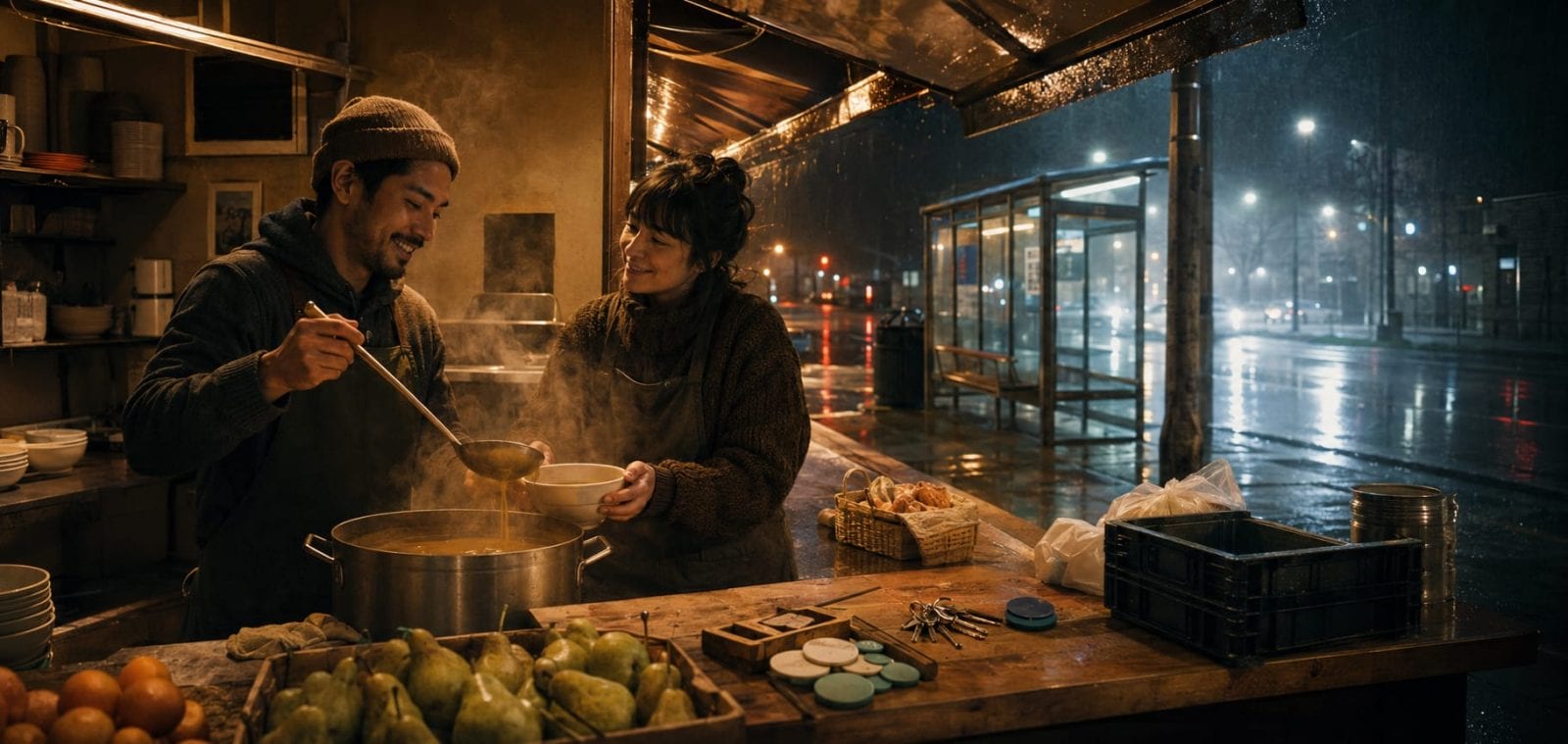 Two people serve soup at a street food stall on a rainy night, surrounded by fruit, bread, and kitchen items.