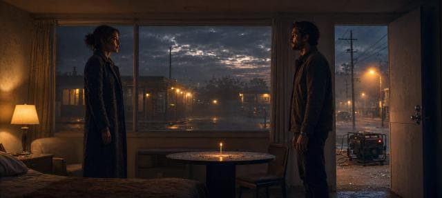 A woman and man face each other in a motel room as rain streaks the window at dusk.