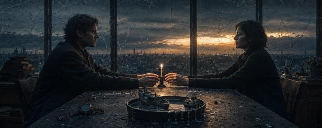 Two people sit across a table holding a candle as dusk falls through a cracked window overlooking the city skyline.