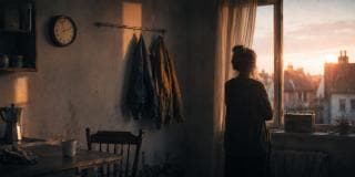 A person stands by a sunset window in a room with a clock, coats, chair, table, and radio.