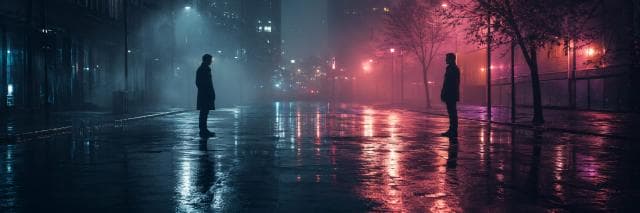 Two people face each other on a wet city street at night, neon lights reflected in puddles, with fog adding atmosphere.