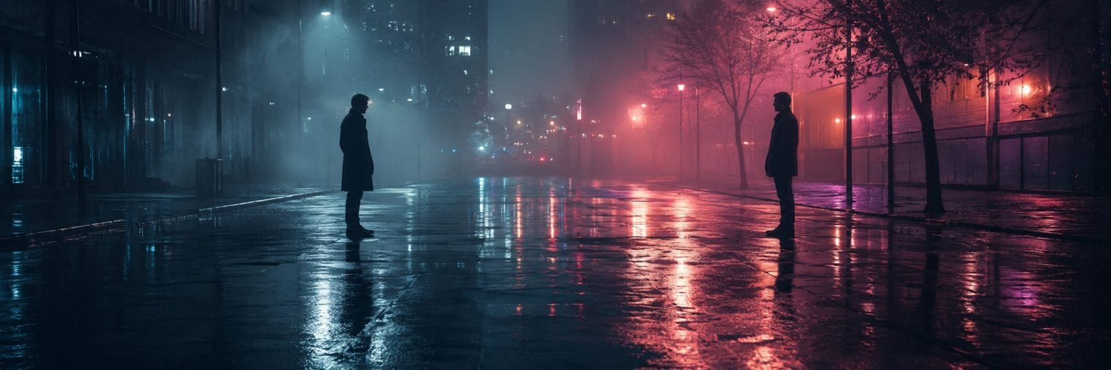 Two people face each other on a wet city street at night, neon lights reflected in puddles, with fog adding atmosphere.
