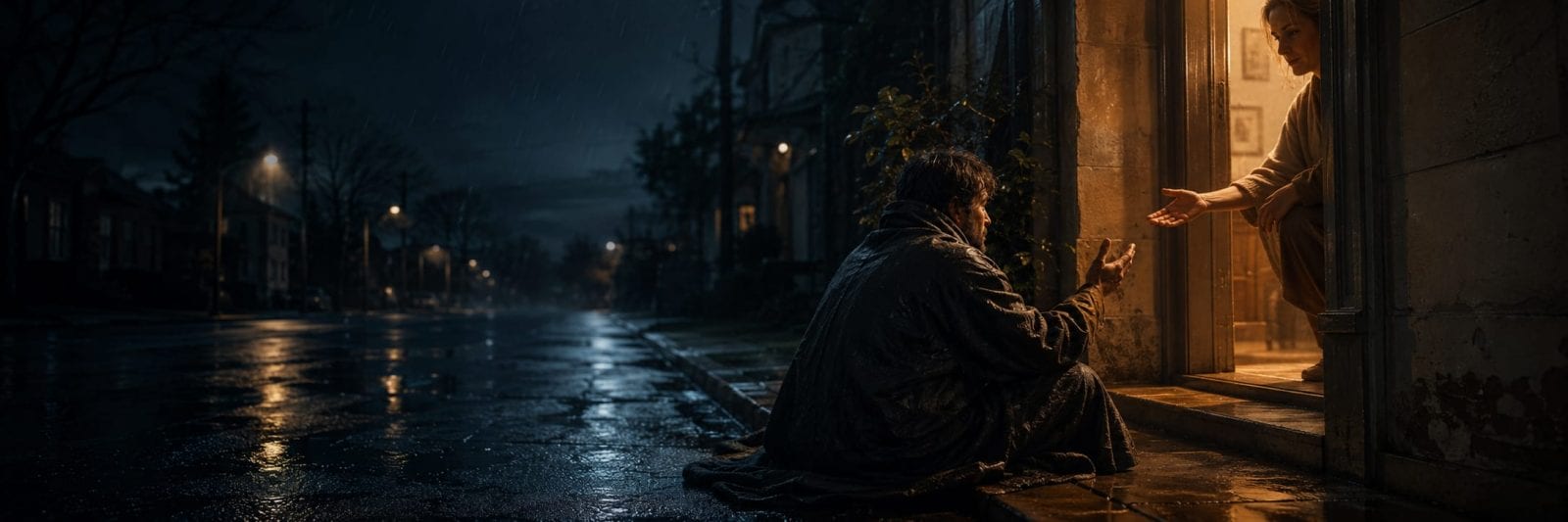 A person sits outside in rain and turmoil as someone offers a helping hand from a doorway.