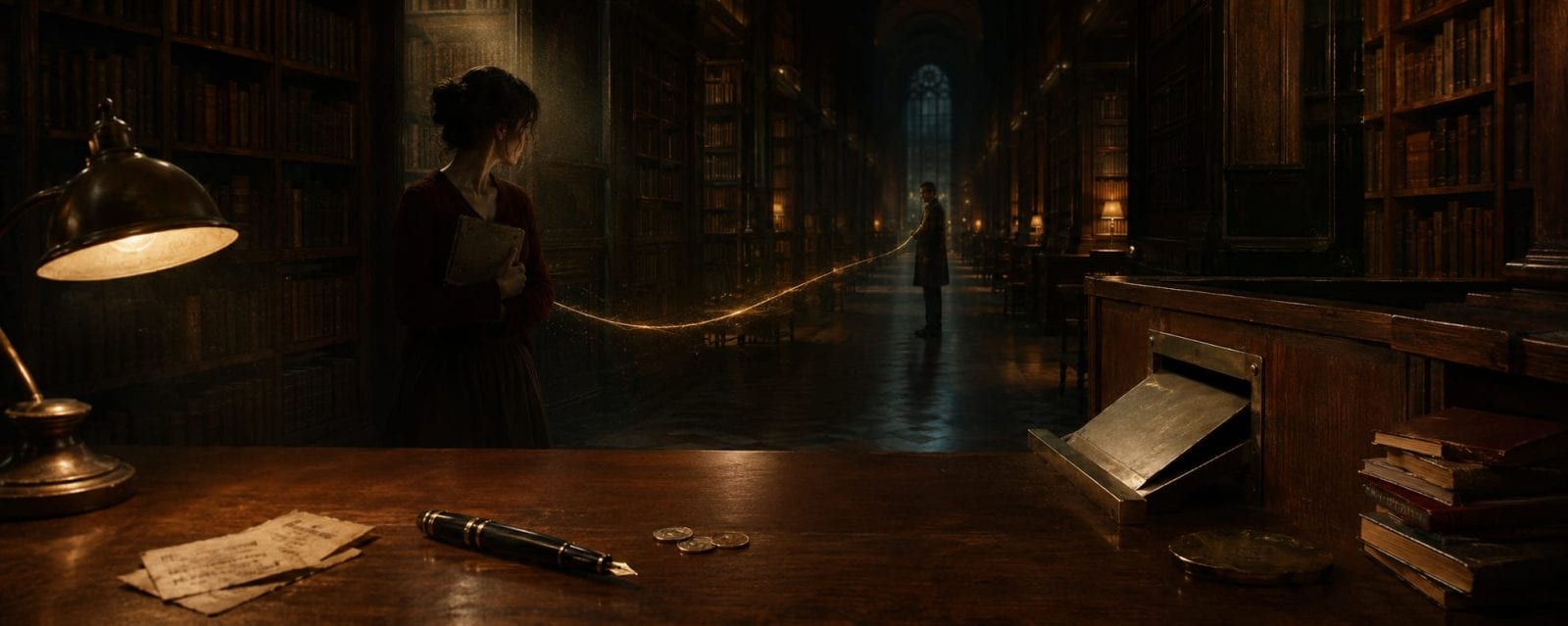 A woman with books stands in a library, pausing as a glowing line extends from her toward a distant figure.